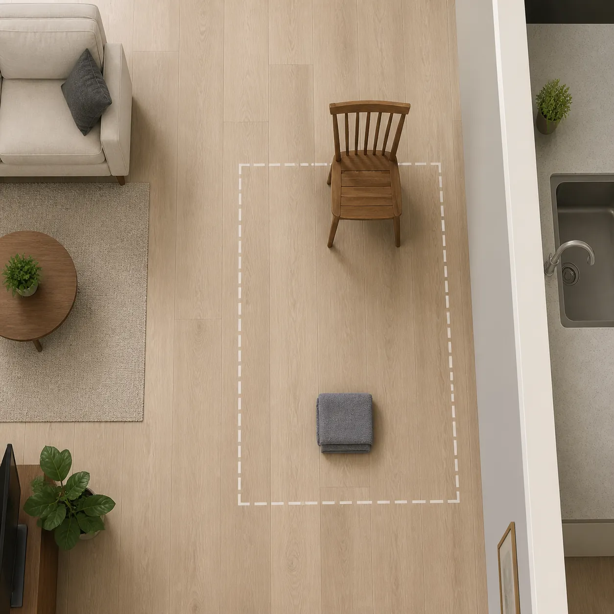 Small apartment workout zone with a chair against a wall, folded towel, countertop, and wall support options