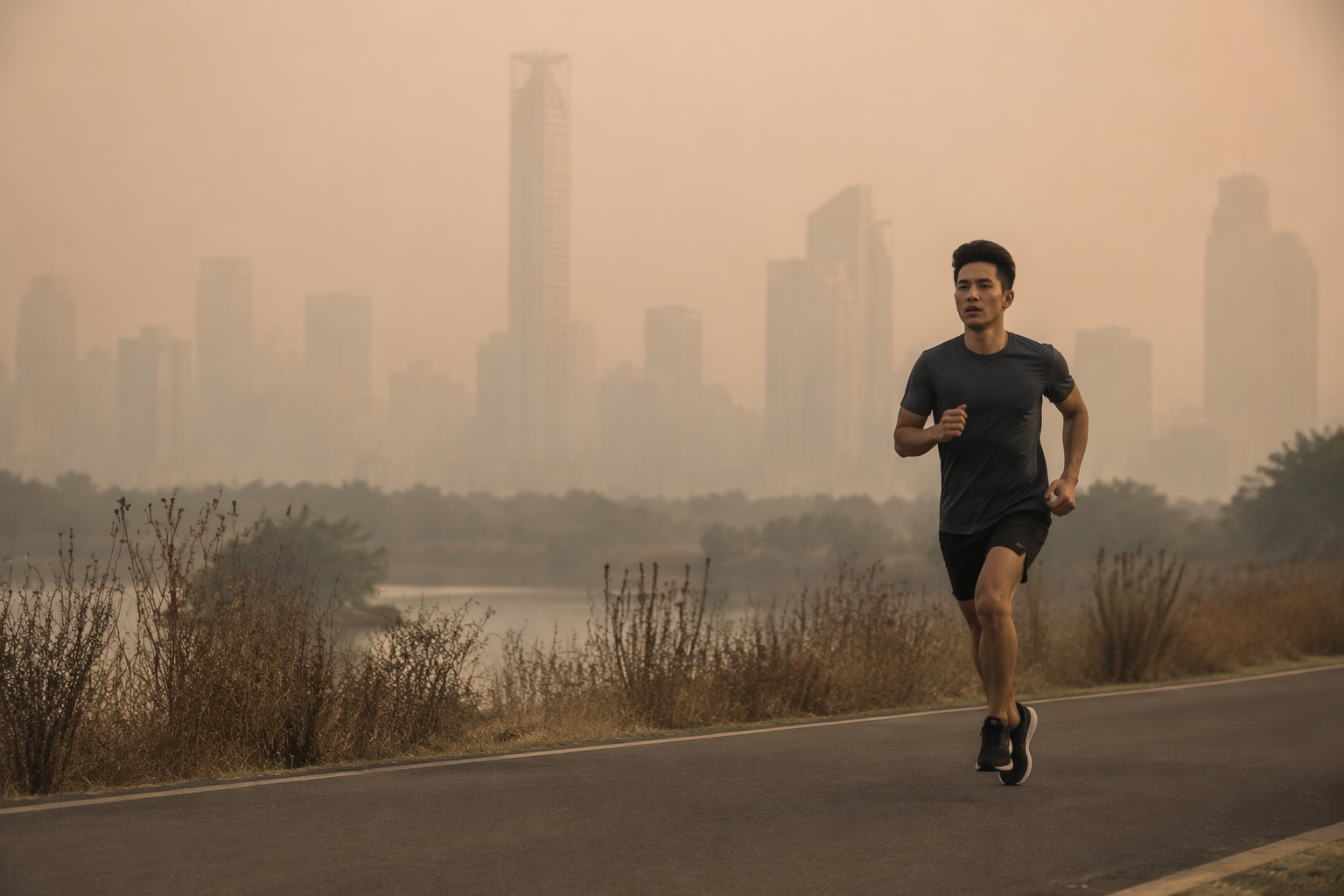 Runner exercising outside under a hazy amber-gray sky