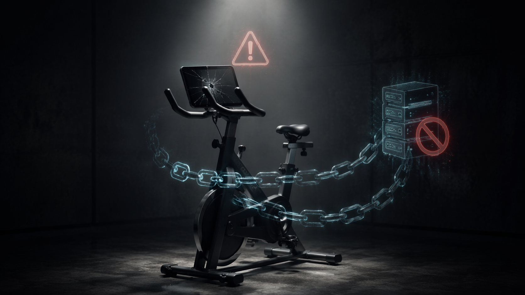 Exercise bike with blank cracked console and server-disconnected warning symbol