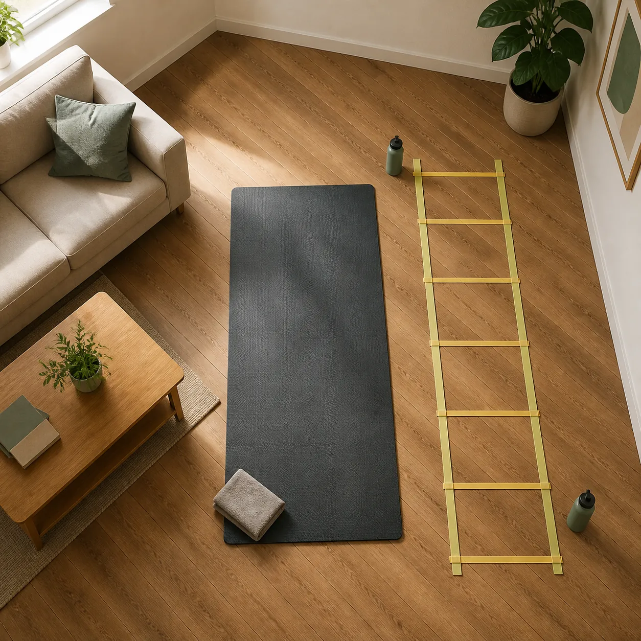 Small living-room workout setup with an exercise mat, tape ladder, water bottles as markers, towel, and furniture pushed aside