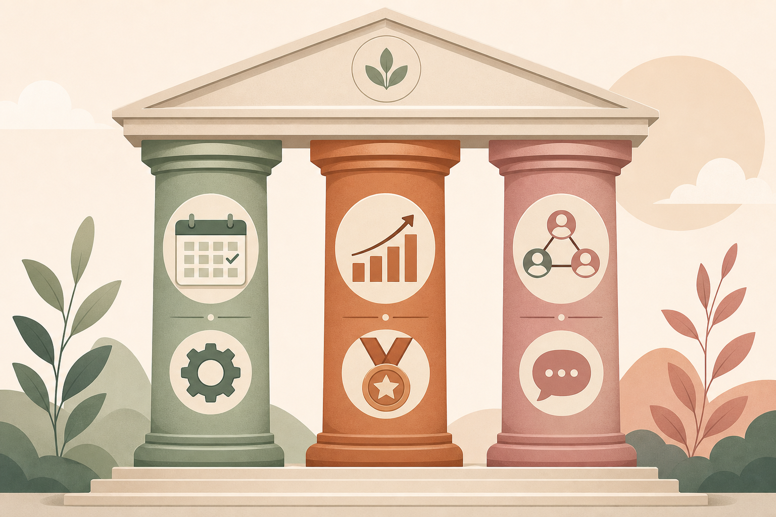 Three interconnected pillars with conceptual icons below each: a calendar and gear symbol for autonomy, a progress graph and medal for competence, and linked circles with a speech bubble for relatedness, all supporting a roof structure above. Clean flat illustration in sage green, terracotta, and dusty rose tones.
