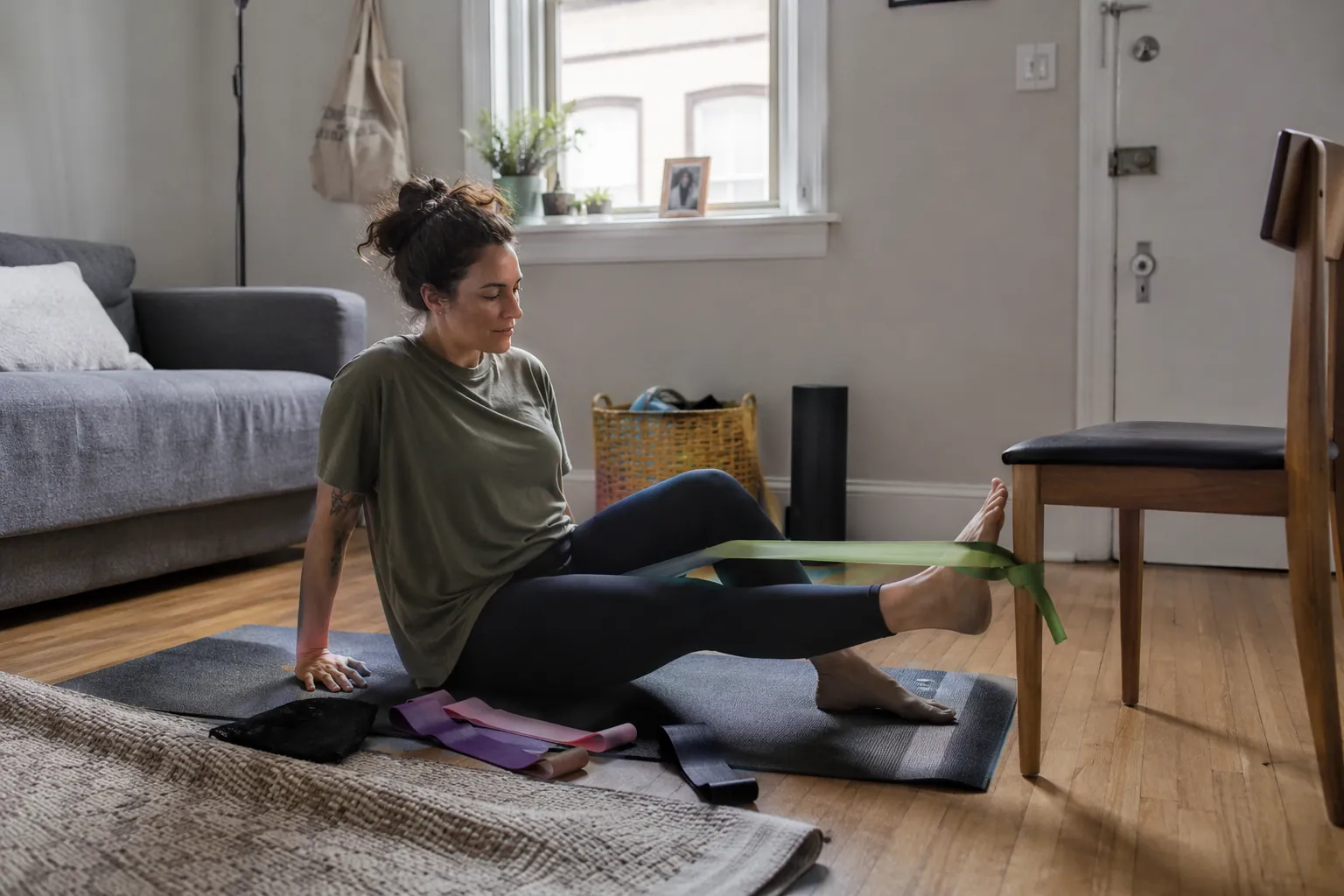 Person doing a seated resistance band leg exercise on a small mat in a compact apartment living room