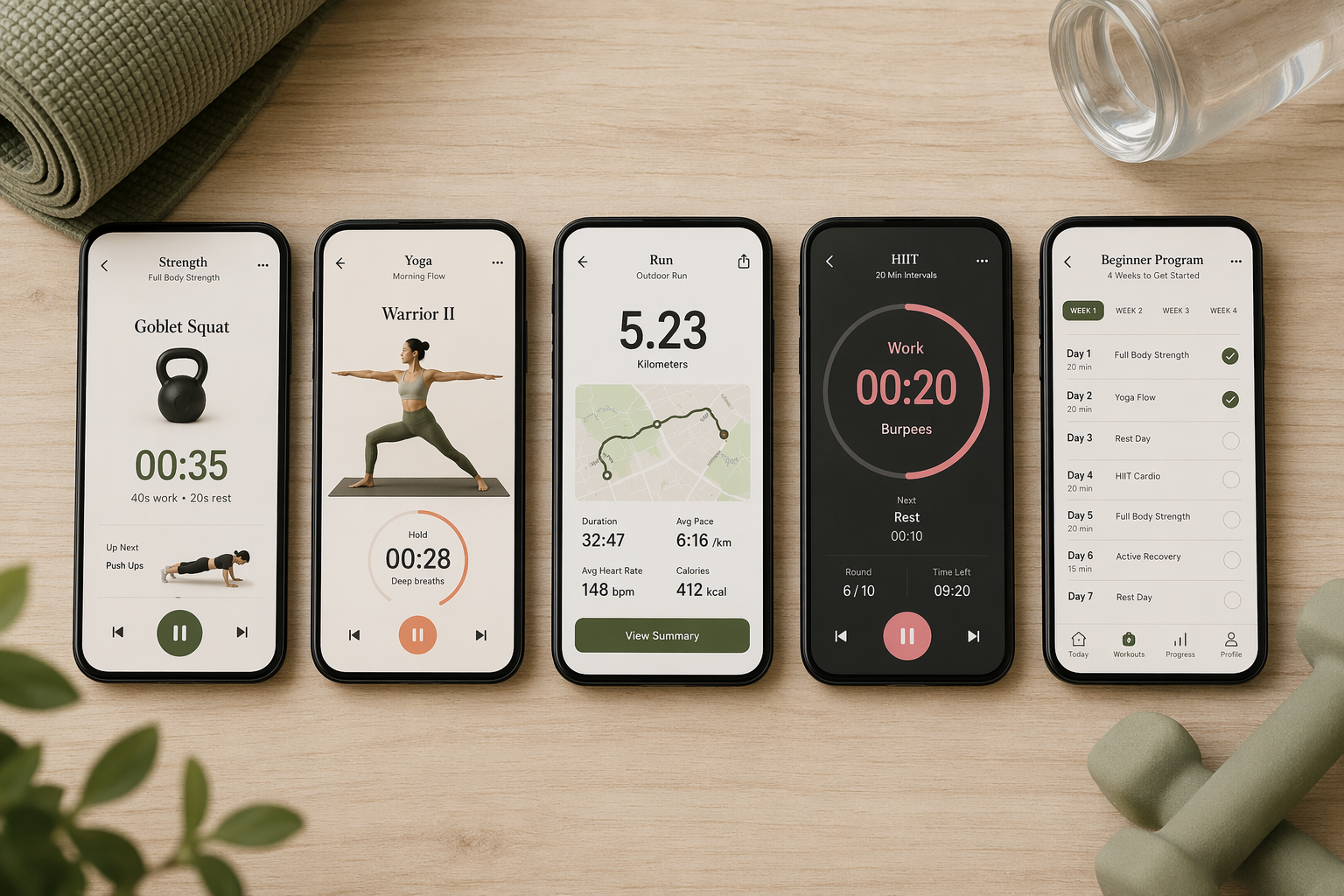 A flat-lay composition showing five smartphones side by side, each displaying a different workout app interface, with a yoga mat, water bottle, and small dumbbells in the background.