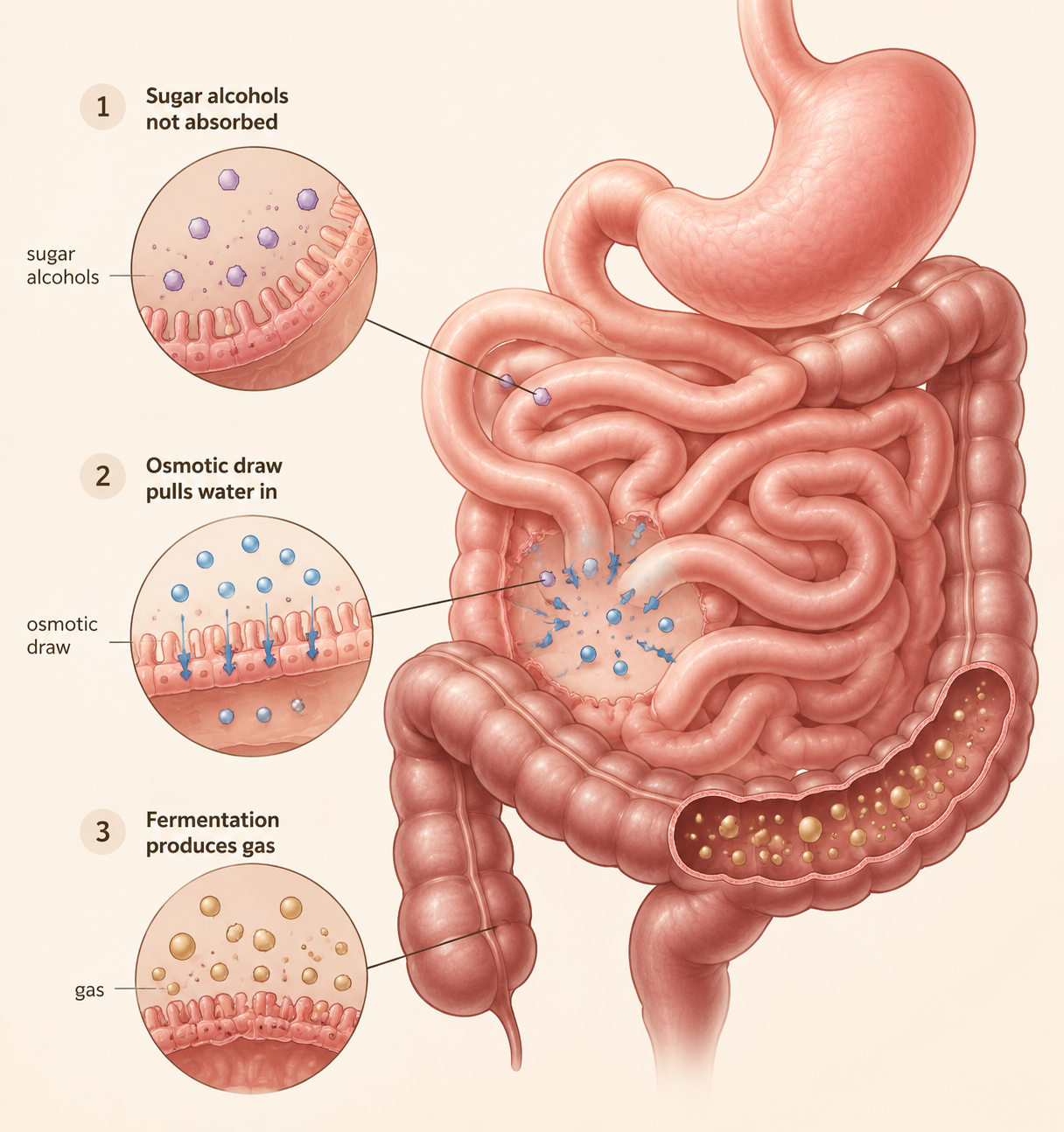 Diagram showing sugar alcohols passing through the small intestine, drawing water into the gut, and producing gas in the colon