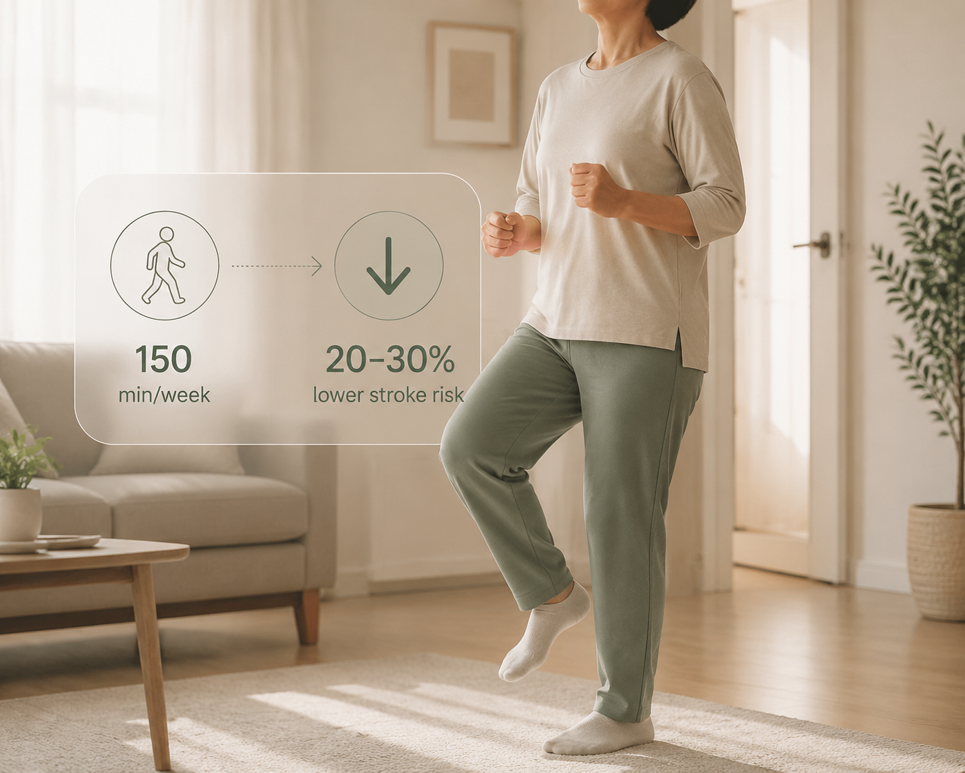 Person walking in place at home with an overlay showing 150 minutes per week and 20 to 30 percent lower stroke risk