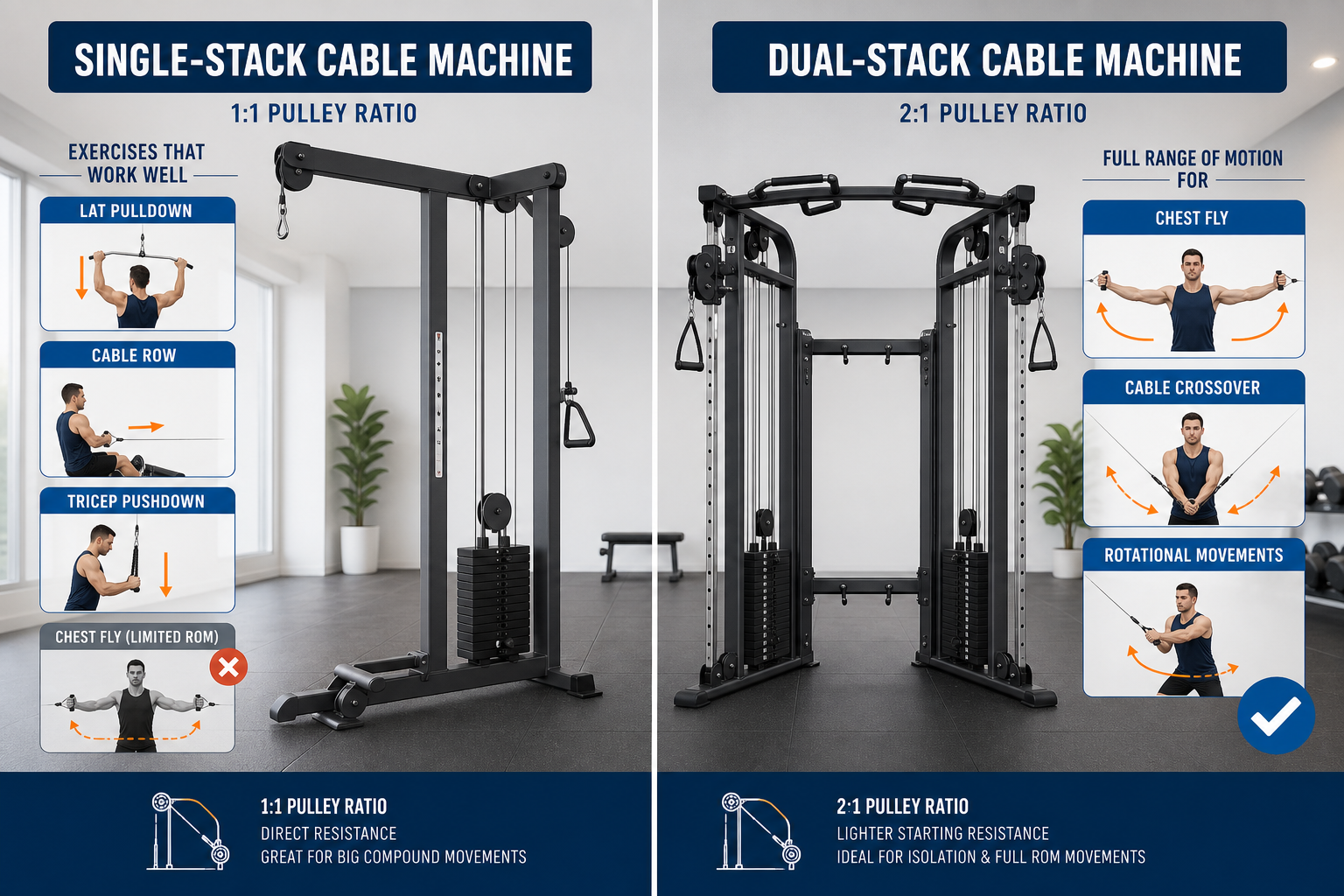 Side-by-side comparison: left side shows a single-stack 1:1 pulley machine with arrows pointing to lat pulldown and cable row (compatible) and an X over a chest fly motion (limited ROM); right side shows a dual-stack 2:1 pulley machine with a checkmark over chest flyes and rotational crossovers (full ROM).