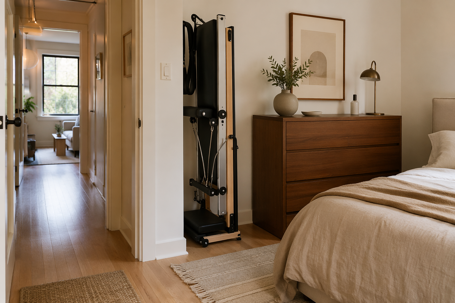 Foldable Pilates reformer stored vertically beside a dresser in a small apartment bedroom