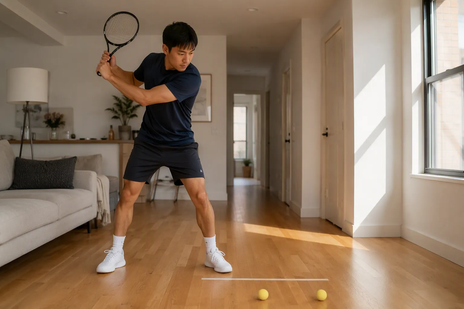 Apartment living room set up for quiet tennis shadow swings with foam balls and a tape practice line