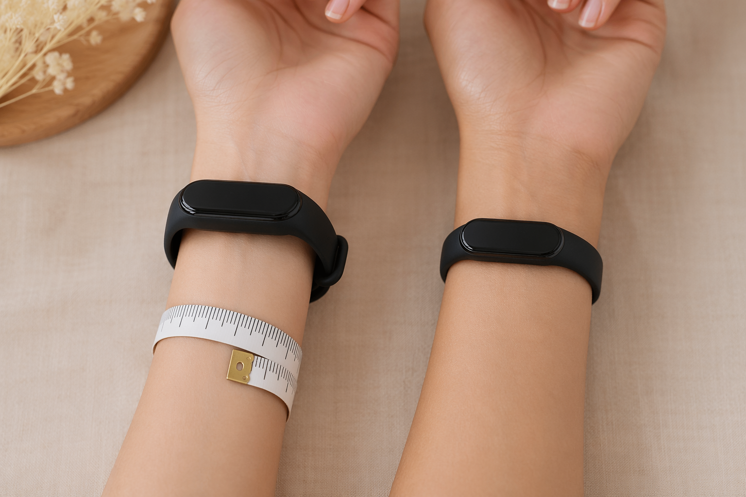 Side-by-side comparison of two petite wrists: on the left, a standard-sized fitness tracker band gapes away from the wrist and does not sit flush against the skin; on the right, a smaller properly-fitted band wraps snugly with no gap. A measuring tape is visible around one wrist.