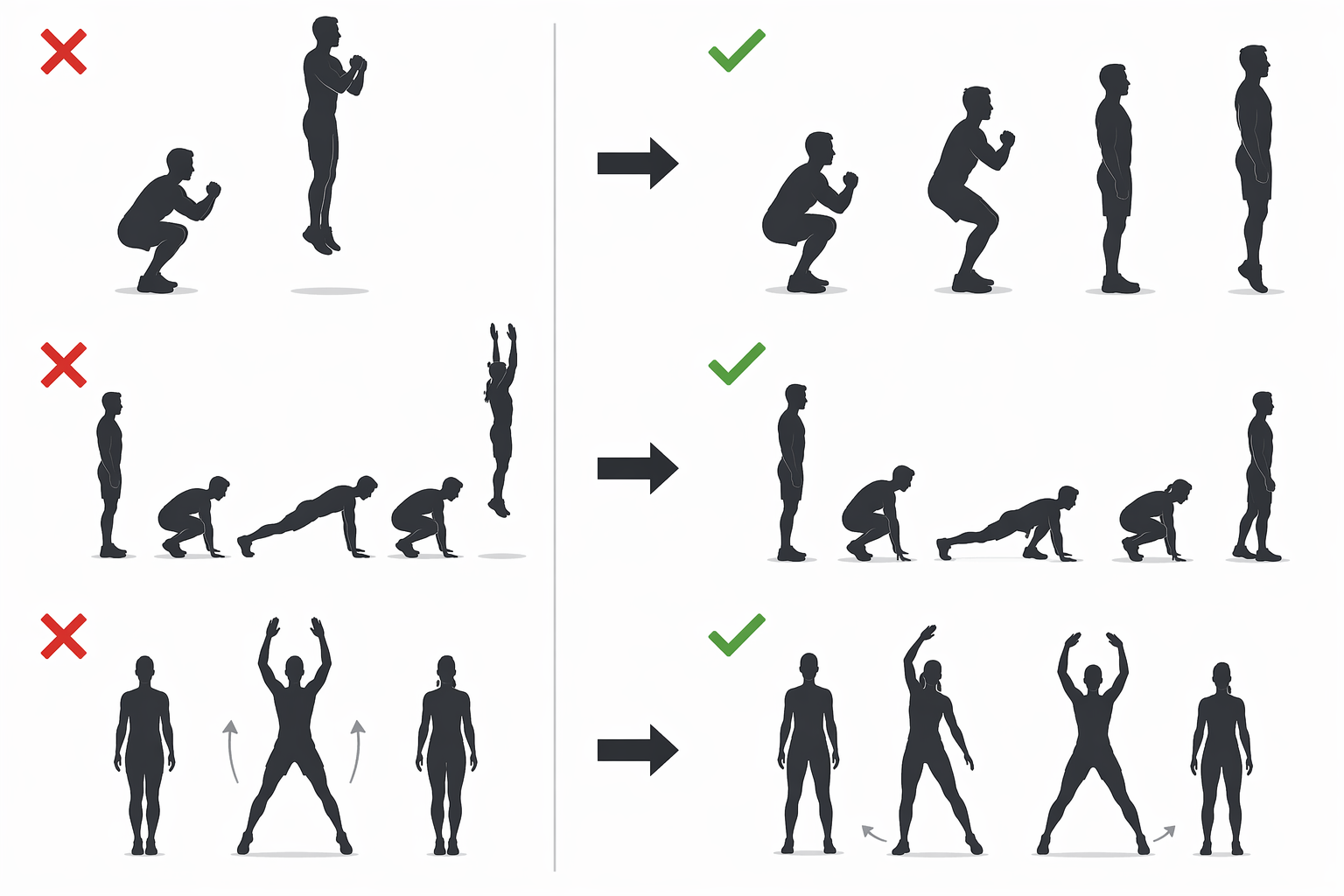 Comparison of jumping cardio moves swapped for no-jumping alternatives: squat jump to tempo squat with calf raise, burpee to step-back burpee, and jumping jack to step-out jack with overhead reach