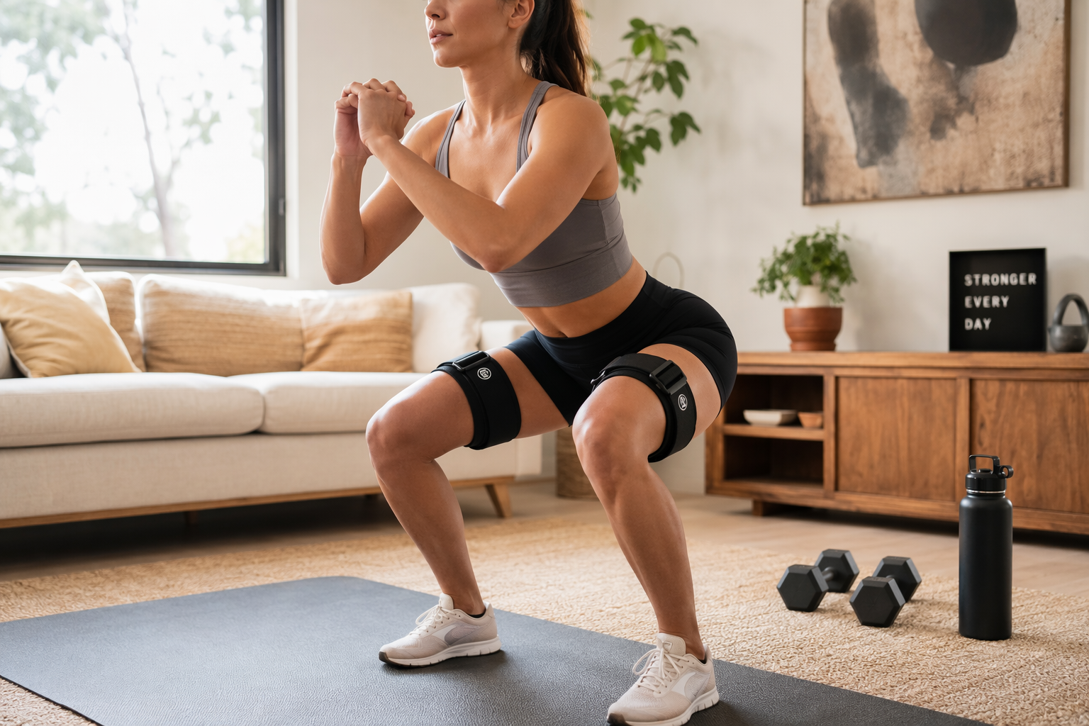 Person wearing BFR cuffs at the top of the thighs while doing bodyweight squats at home
