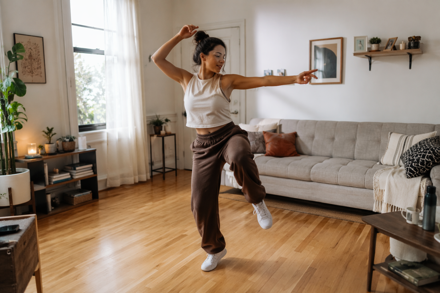 Person doing energetic dance cardio in a small living room with furniture moved aside