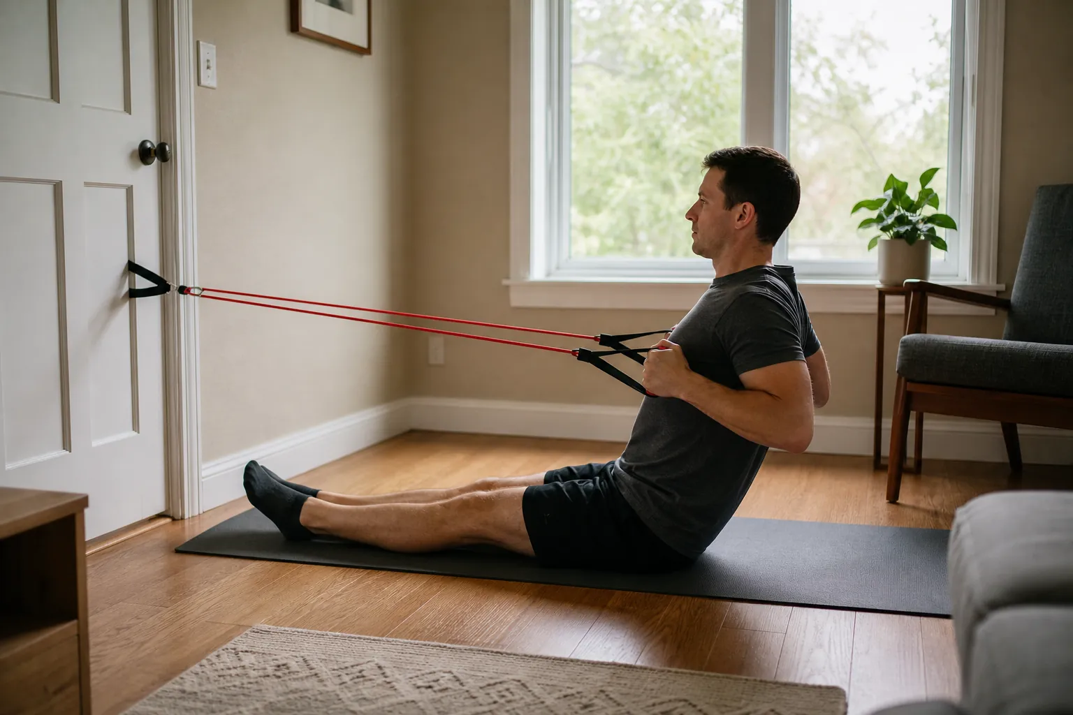 Recreational athlete performing a resistance band row in a small home living room