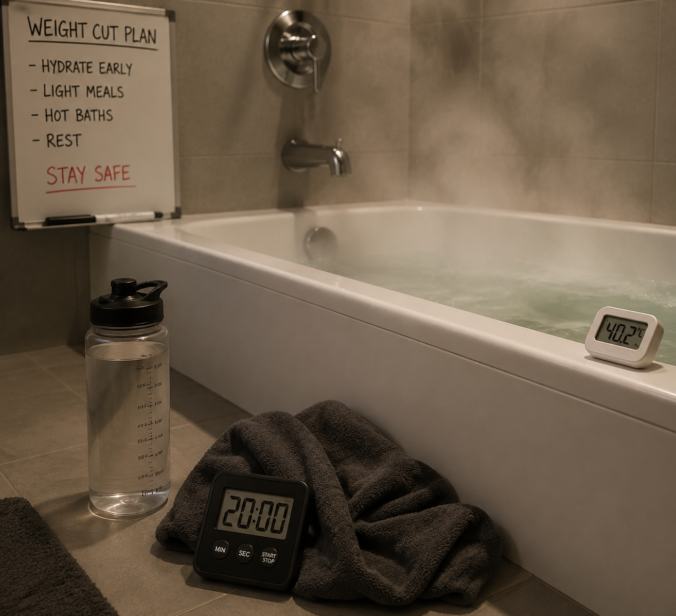 Hot bath setup with steam, timer, towel, water bottle, and thermometer in a home bathroom