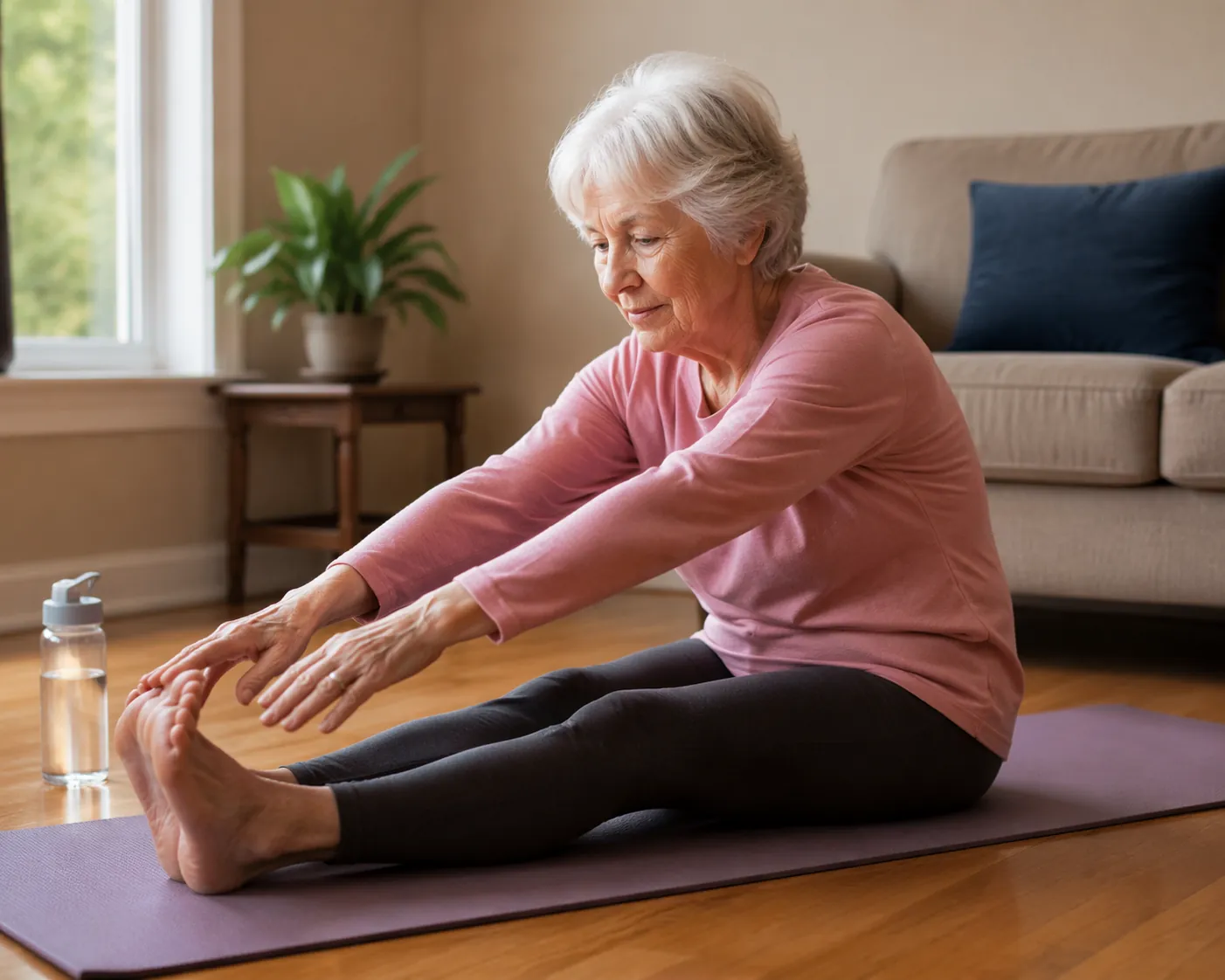Senior woman on a living room yoga mat reaching toward her toes