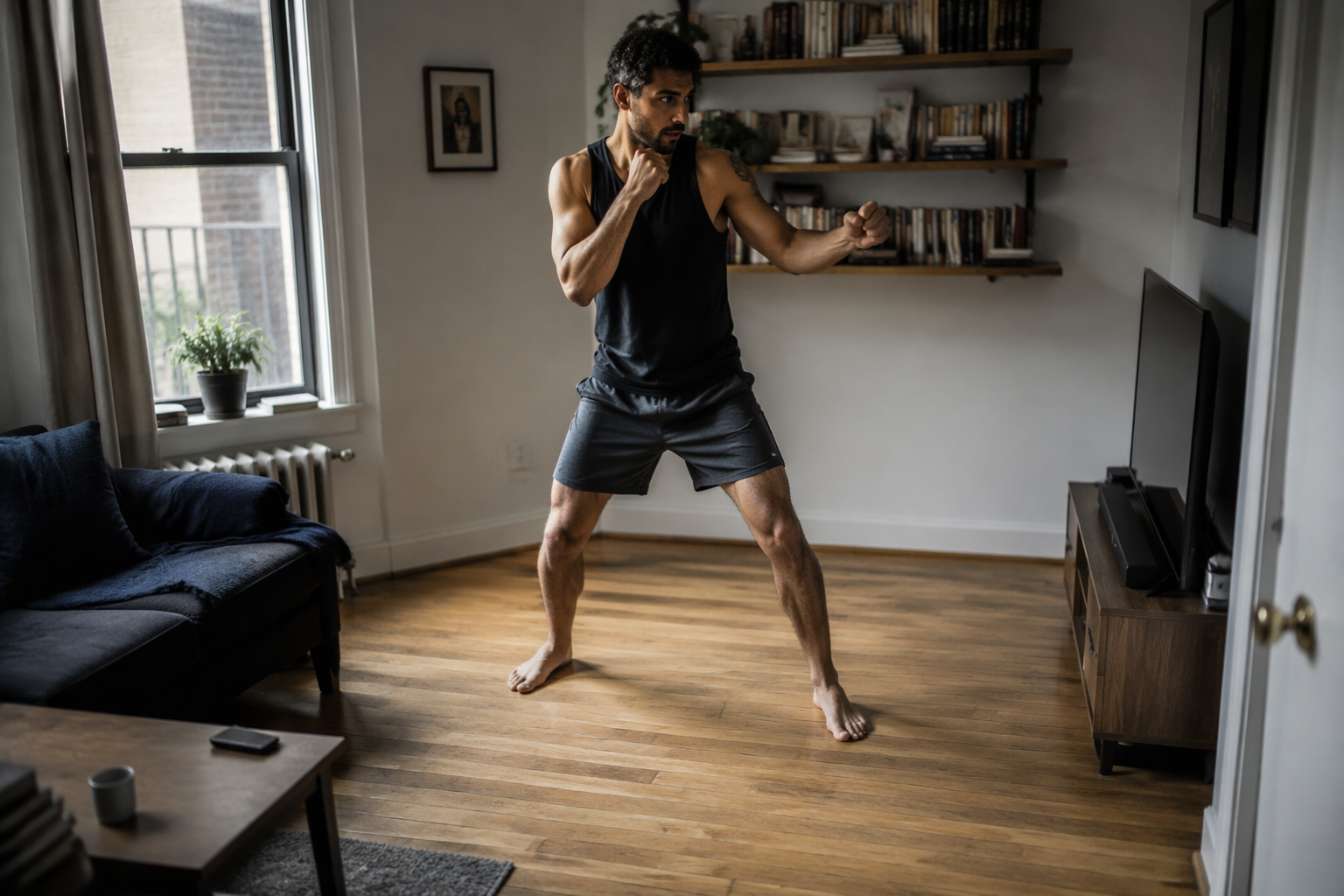 Person in a fighter stance inside a small cleared apartment training area