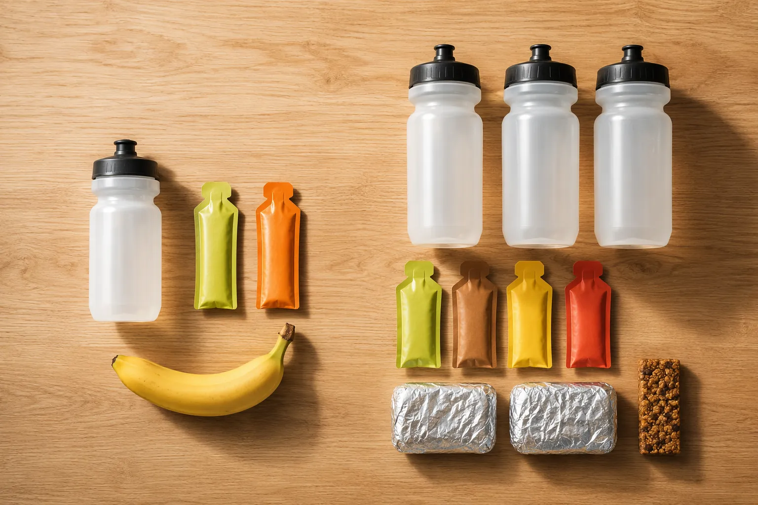 Cycling gels, bottles, banana, rice cakes, and an energy bar arranged to compare lower and higher carbohydrate intake