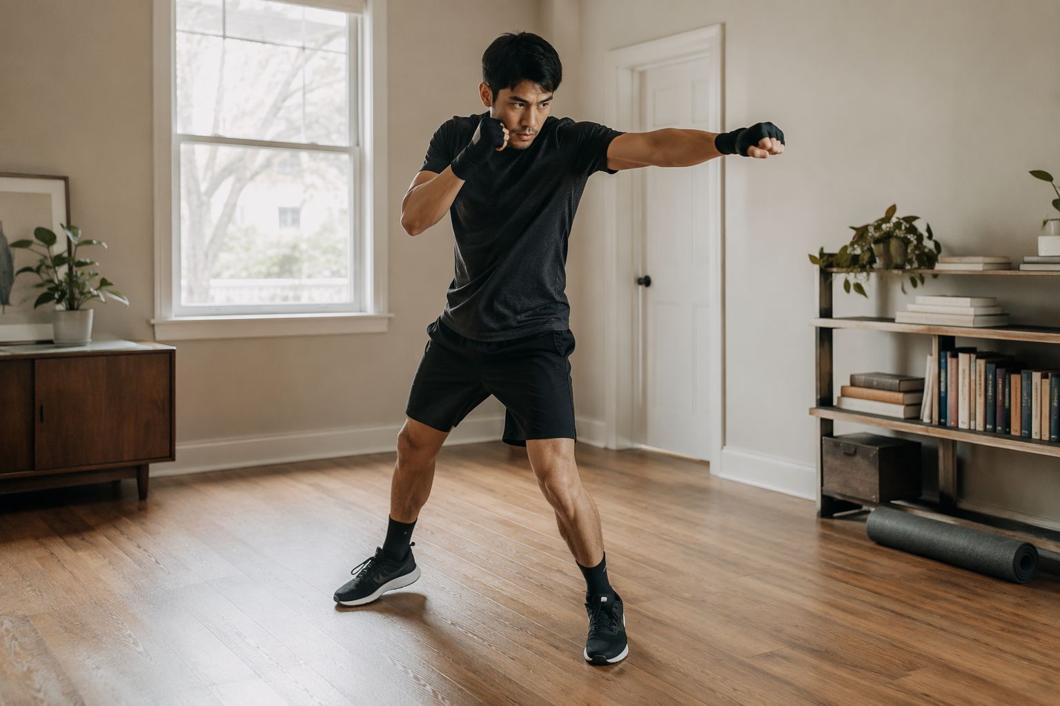 Person shadowboxing in a clear home living room training space