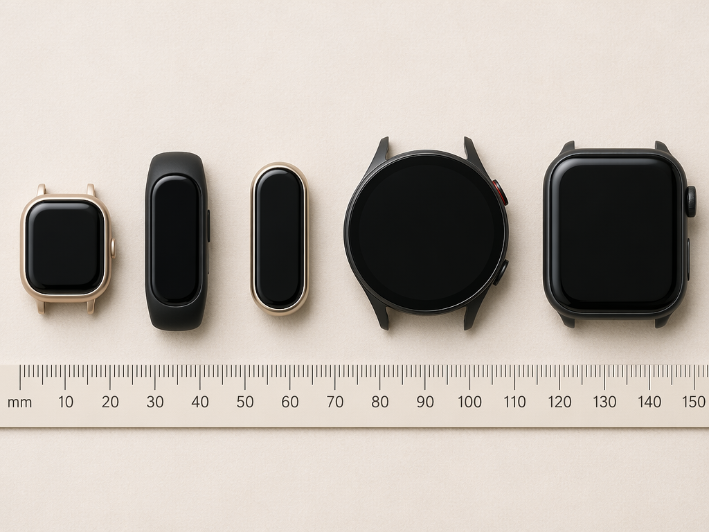 A side-by-side editorial illustration showing five fitness tracker case silhouettes arranged from smallest to largest on a neutral background, with a small ruler beneath them for scale reference.