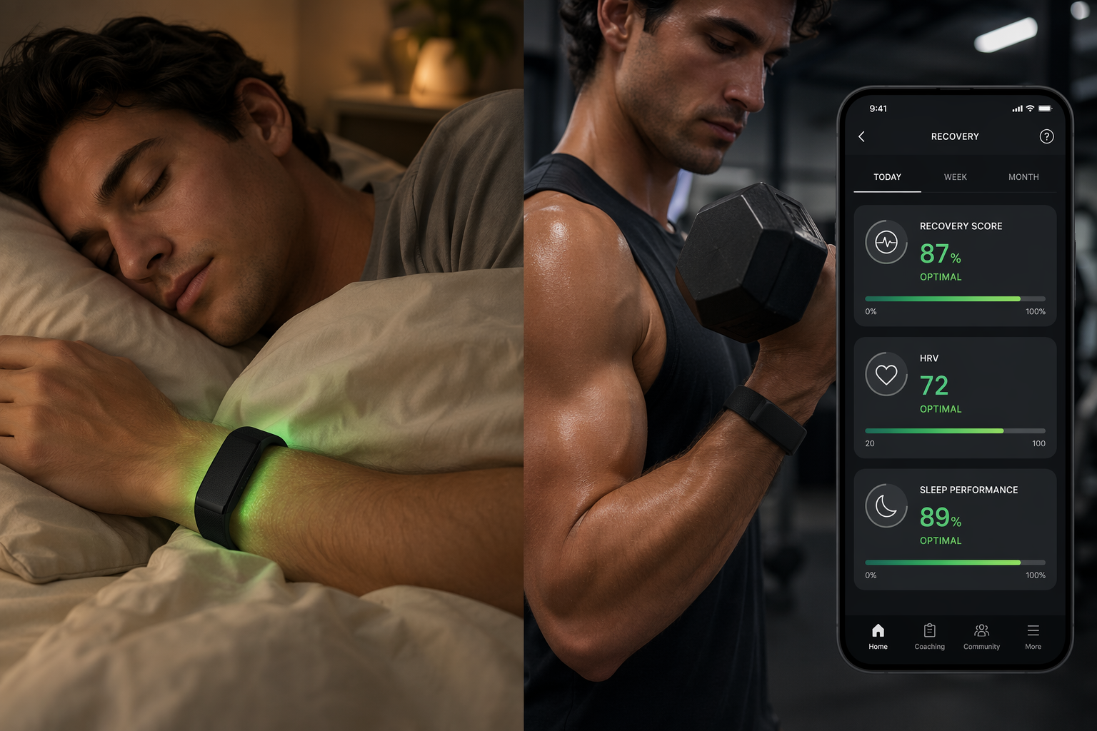 Split composition: left side shows a person sleeping with a black screenless fitness band on the wrist emanating a soft green glow; right side shows the same person's arm gripping a dumbbell during a home workout with a floating smartphone mockup displaying a dashboard showing Recovery score, HRV, and Sleep performance metrics.