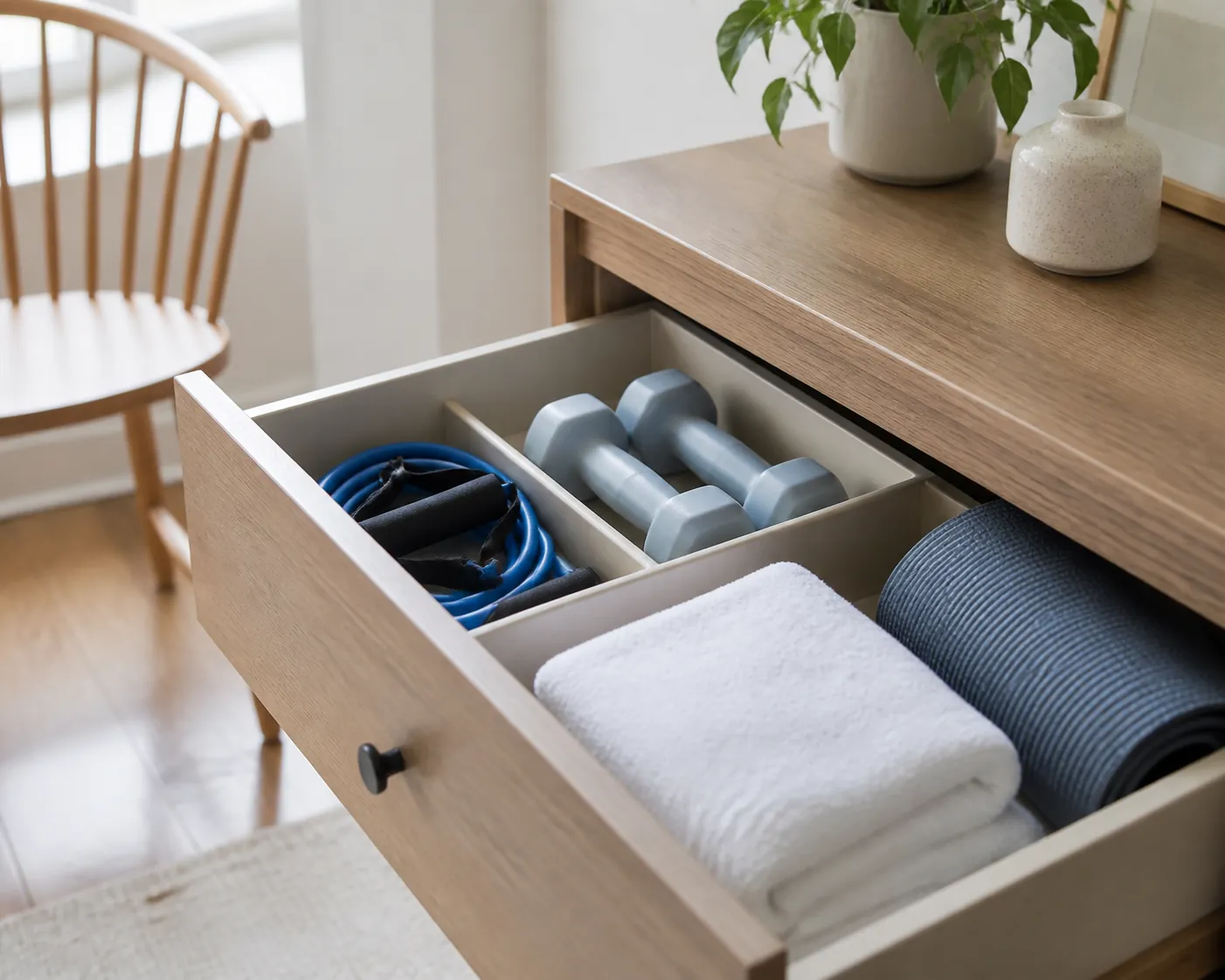 Open drawer holding a resistance band, light dumbbells, towel, and mini exercise mat with a chair in the background