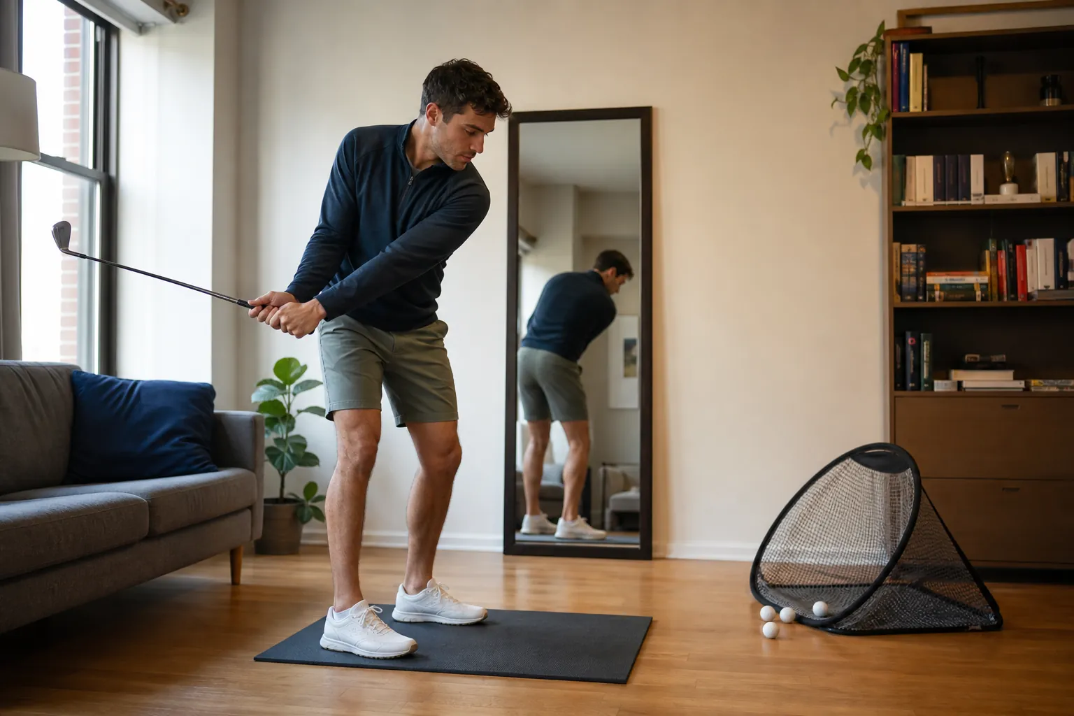 Golfer rehearsing a waist-high half-swing backswing in a small apartment with a mirror, mat, foam balls, and compact practice net nearby