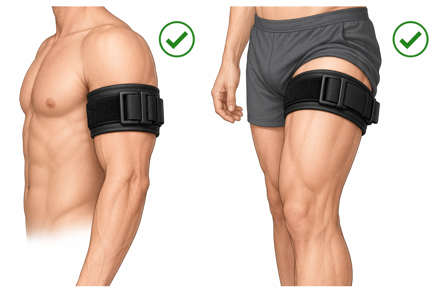 Illustration of correct BFR cuff placement at the top of the upper arm and top of the thigh