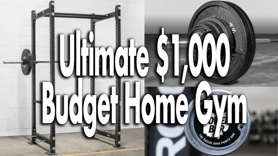 Budget home gym with power rack, barbell, plates, bench, dumbbells, and rubber mat flooring