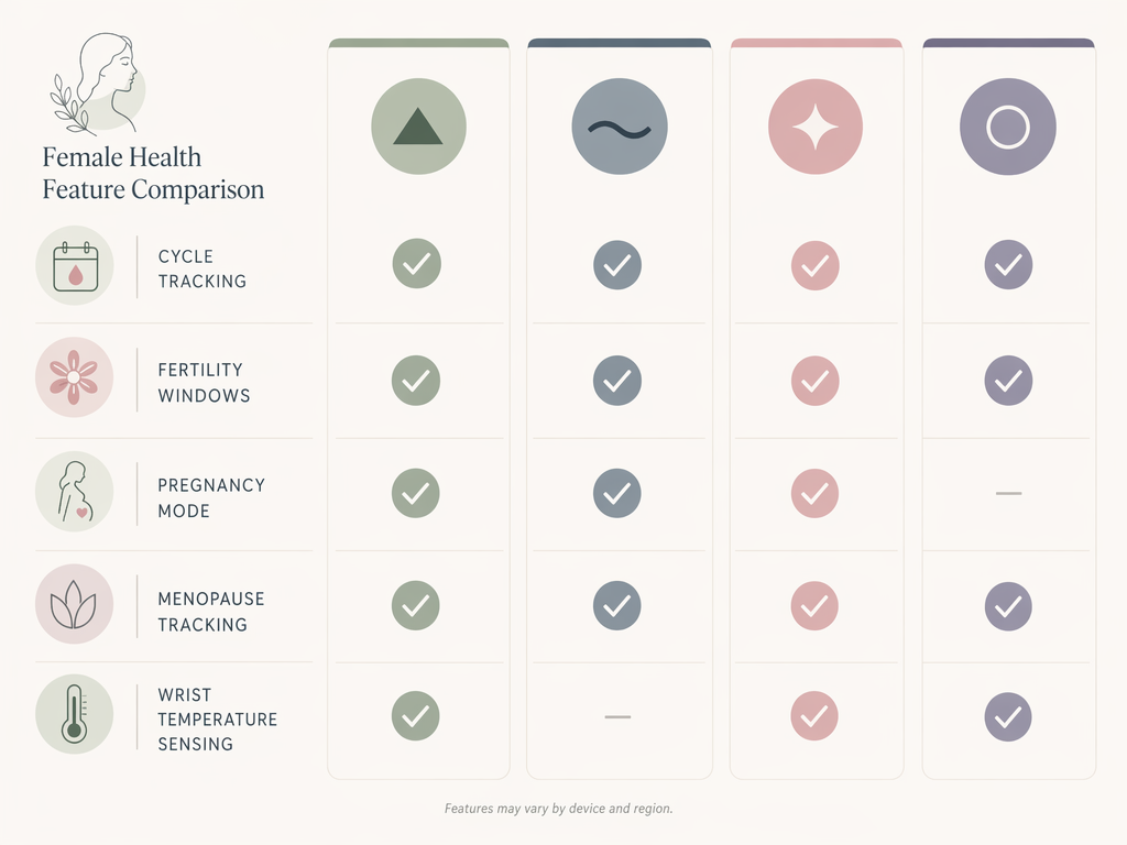 Feature comparison grid with four columns representing Garmin, Fitbit, Apple, and Oura, and rows showing female health features with checkmark icons.