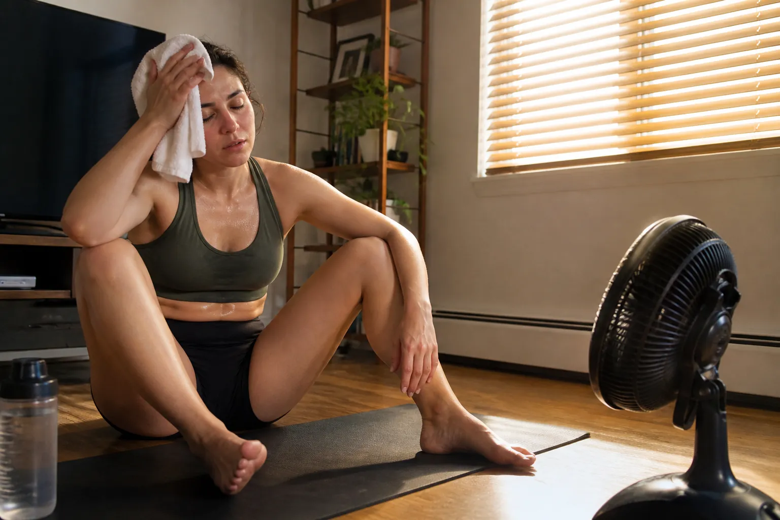 Person sitting on a yoga mat after stopping a hot-room workout, using a damp towel with water and a fan nearby