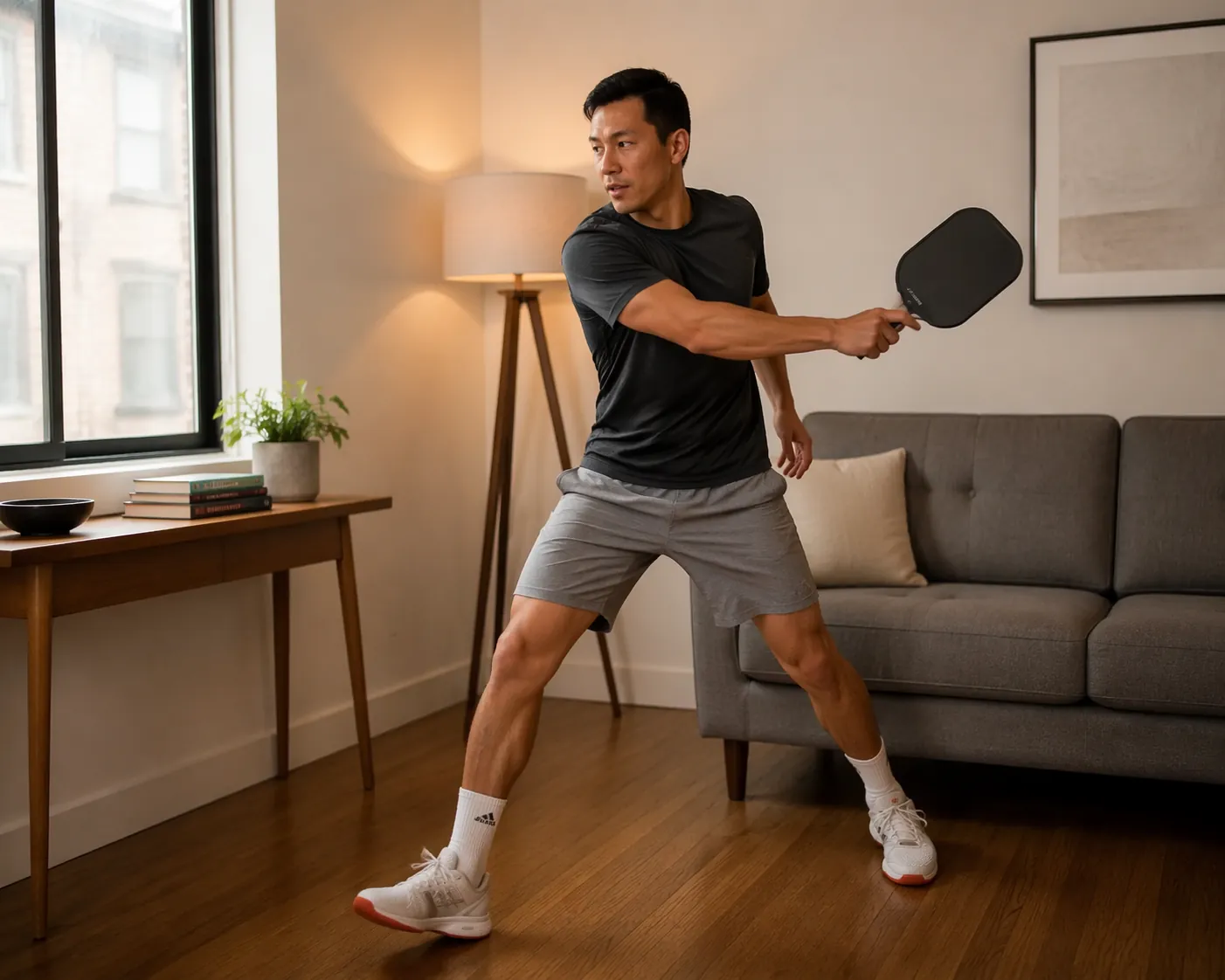 Person shadow swinging a pickleball paddle in a small apartment living room with furniture pushed aside