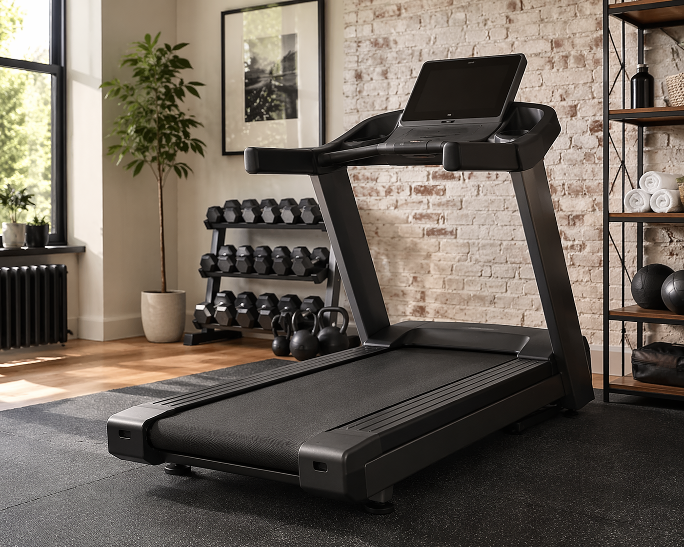 Commercial-grade treadmill with heavy steel frame in a residential home gym