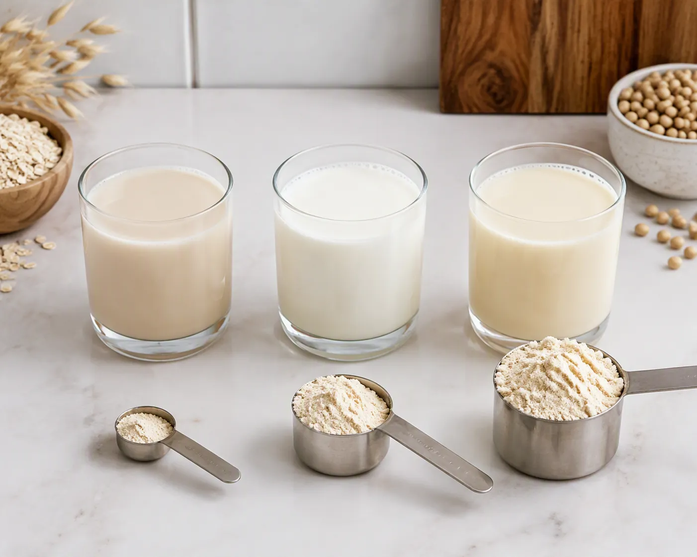 Three glasses of oat, dairy, and soy milk with protein scoops for comparison