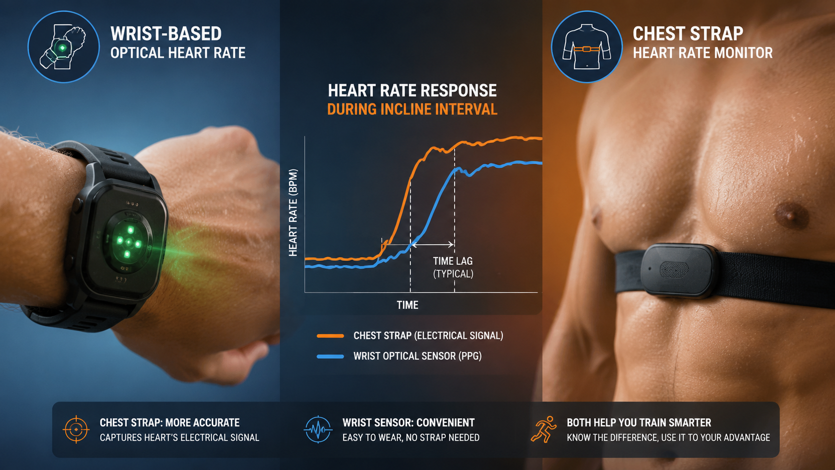 Illustration comparing wrist optical heart rate lag with a chest strap during a rapid intensity increase
