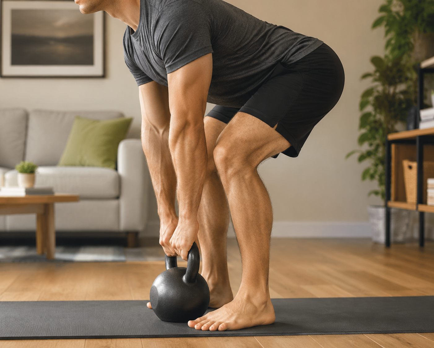 Proper kettlebell deadlift hip hinge position with neutral spine in a home living room