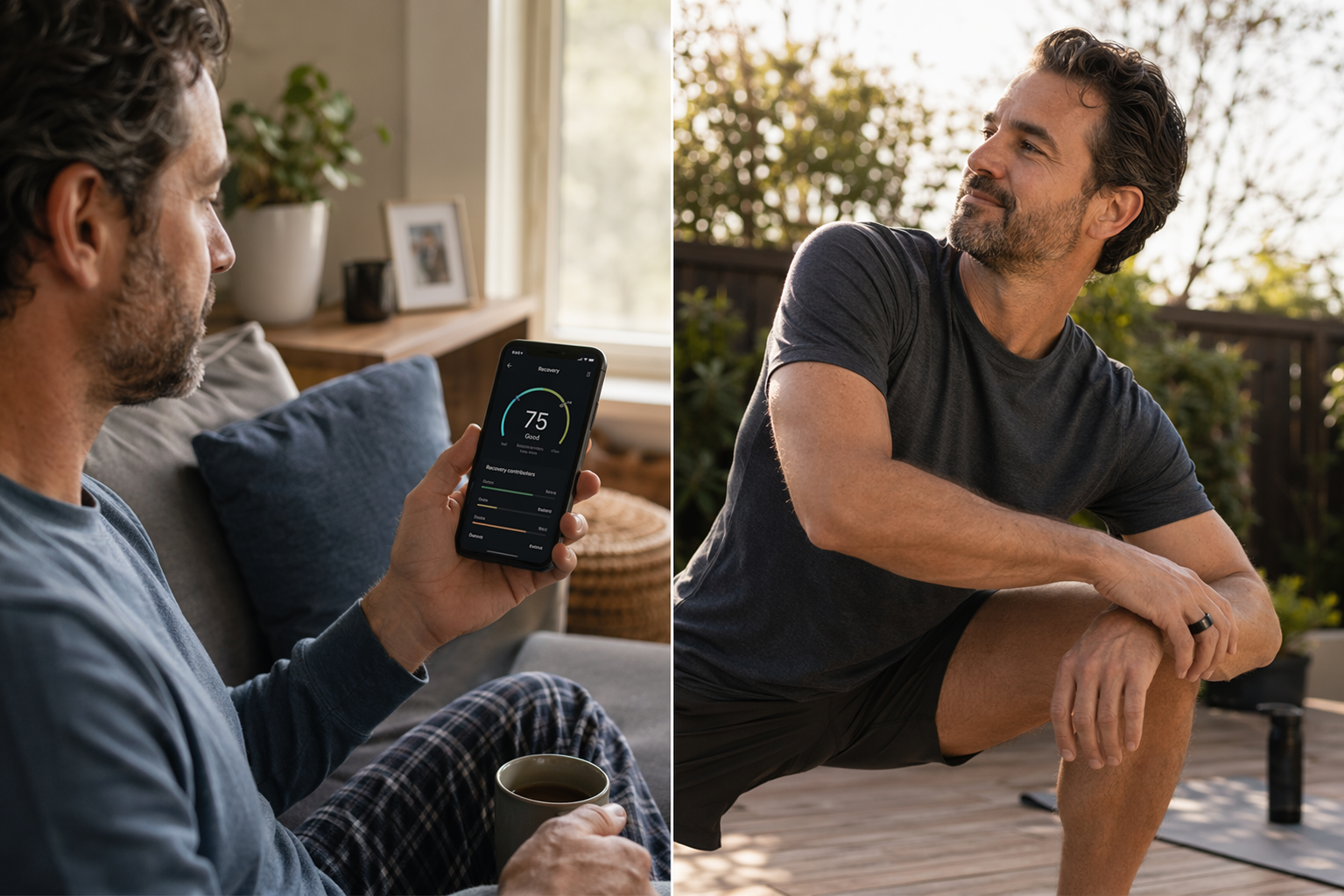Split-composition lifestyle scene: left side shows a person sitting on a couch in morning light holding a smartphone displaying a recovery readiness score around 75 with a coffee mug nearby in soft blue/grey tones; right side shows the same person stretching outdoors in soft sunlight wearing a dark ring on their finger with warm ambient tones.