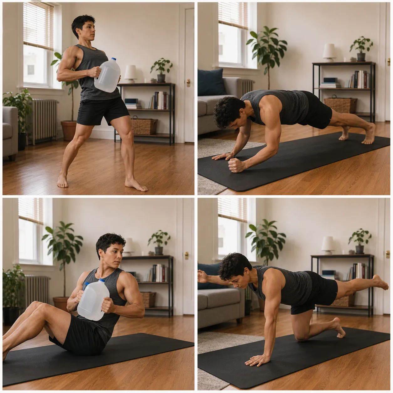 Four apartment kayak-training movements including a jug row, plank press, seated rotation, and bird dog