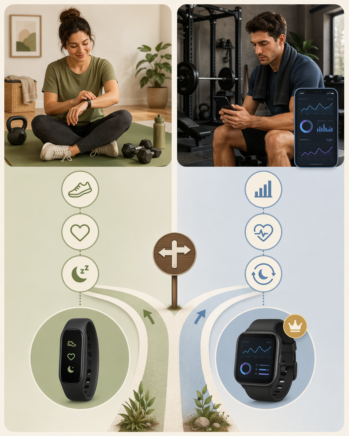 A two-column editorial decision framework visual showing a fork between two user paths: left side depicts a casual home exerciser heading toward a simple tracker, right side depicts a focused athlete reviewing recovery data on a phone in a home gym heading toward a premium subscription tracker.