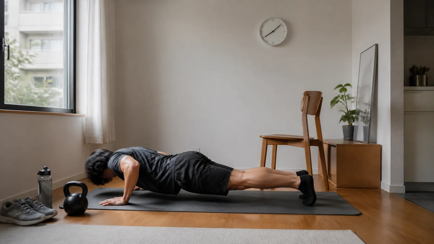 Person doing pushups on a mat in a small apartment corner with a chair, kettlebell, water bottle, sneakers, and wall clock nearby