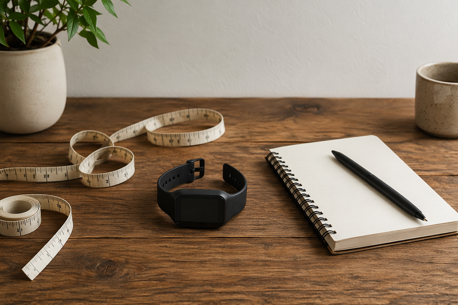 Flat-lay on a wooden table of a cloth tape measure, a fitness watch, and an open notebook with a pen, in warm daylight.