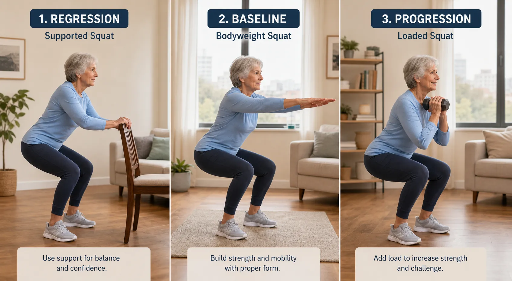 Three-panel squat progression showing chair-supported squat, bodyweight squat, and dumbbell goblet squat