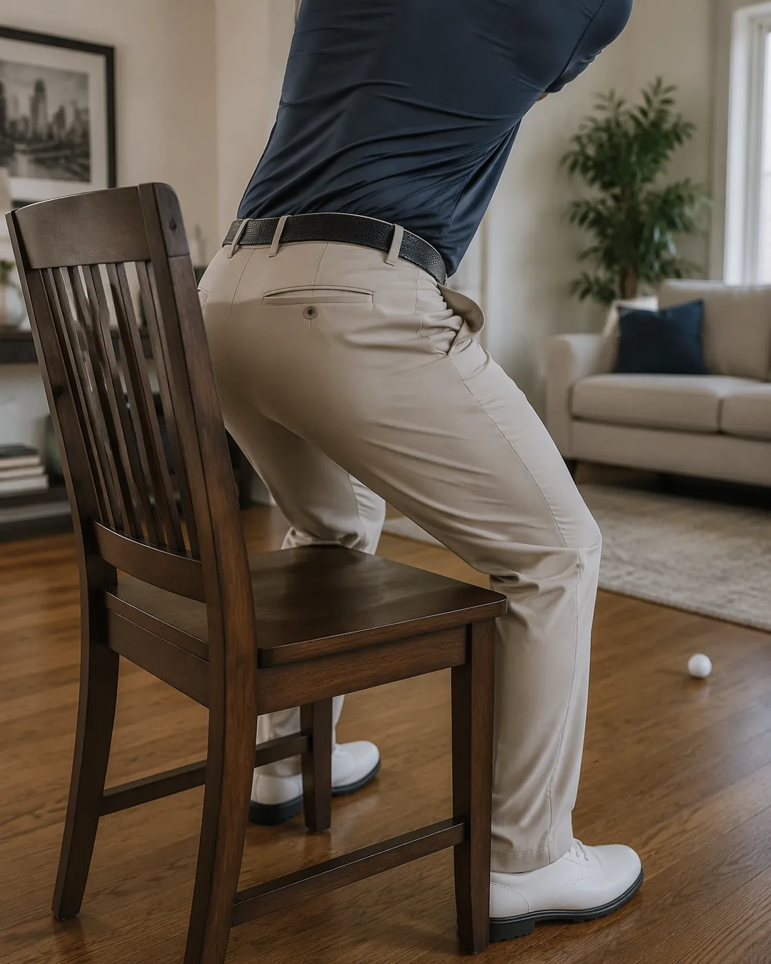Rear view of a golfer keeping the hips near a chair during a backswing rehearsal