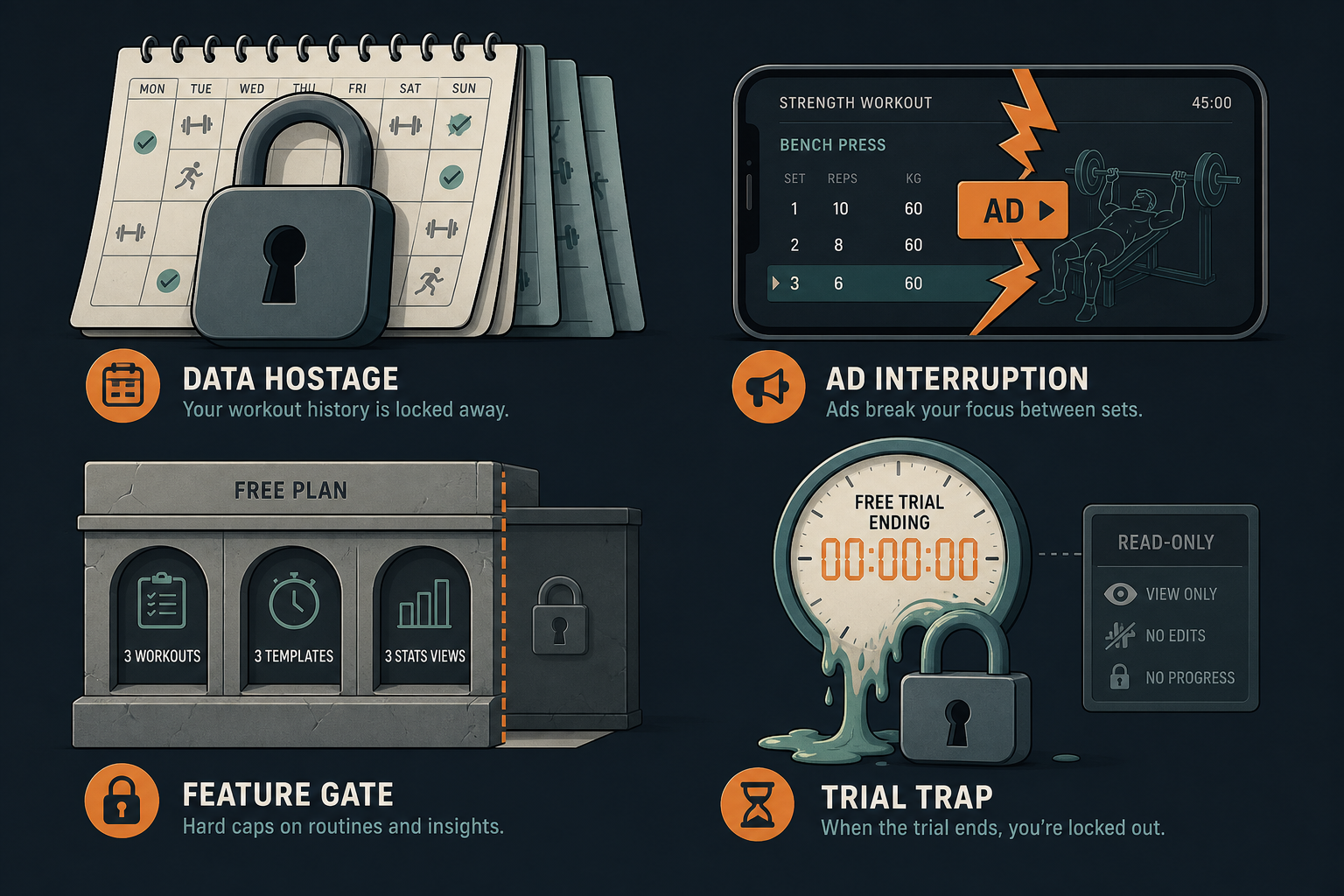 Editorial 2x2 grid illustration on a dark slate background showing four distinct lock mechanisms: a padlock with calendar pages for data hostage, a smartphone with jagged interruption arrows for ad interruption, a tiered wall with three slots and a cut-off for feature gate, and a melting countdown clock turning into a padlock for trial trap