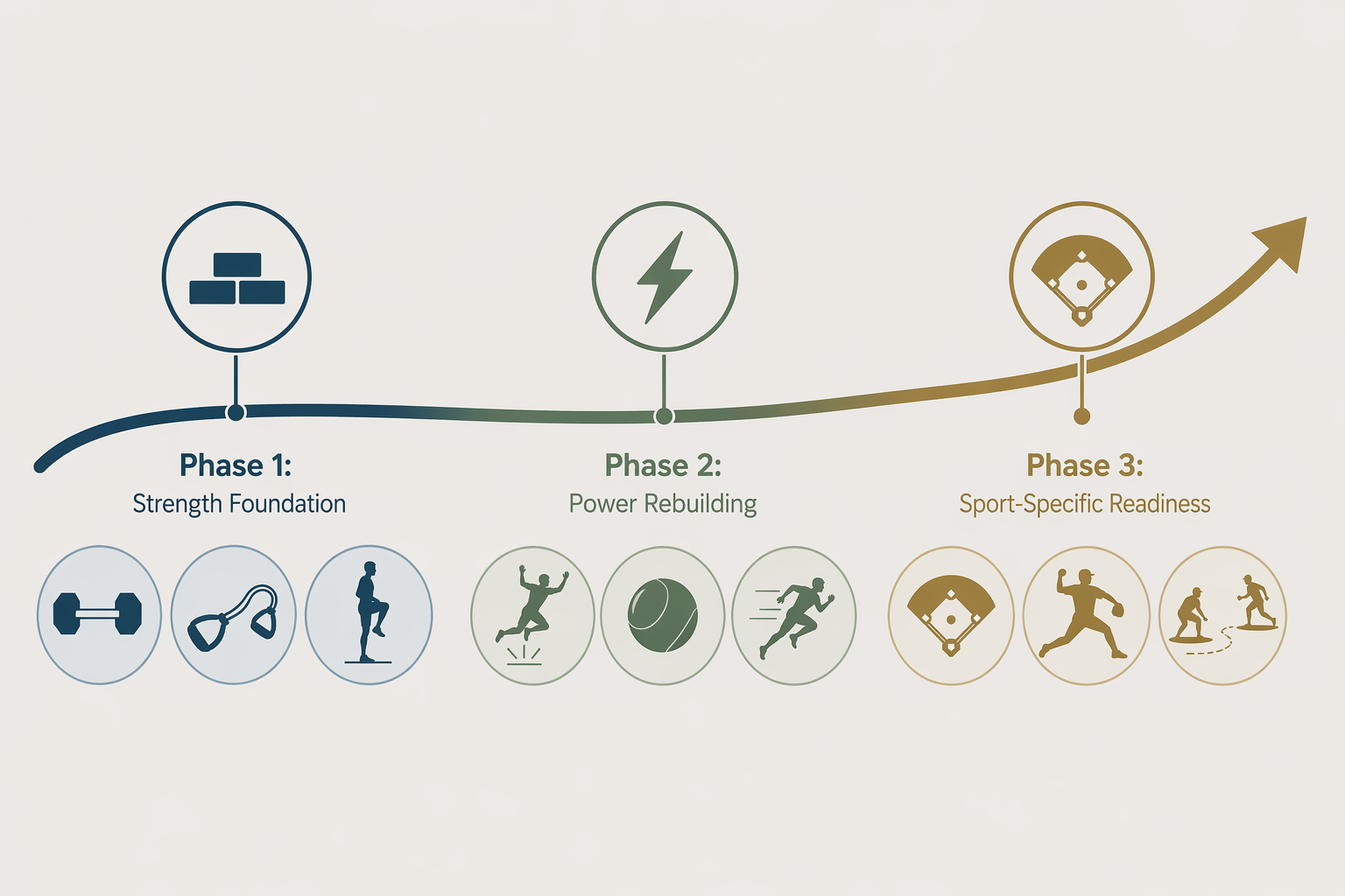 Three-phase comeback pathway from strength foundation to sport-specific readiness.