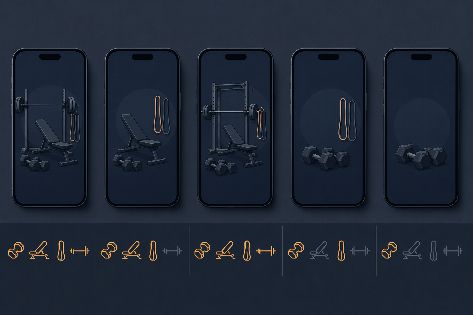 Five smartphone silhouettes with equipment icons showing different app support for dumbbells, bench, bands, and barbell