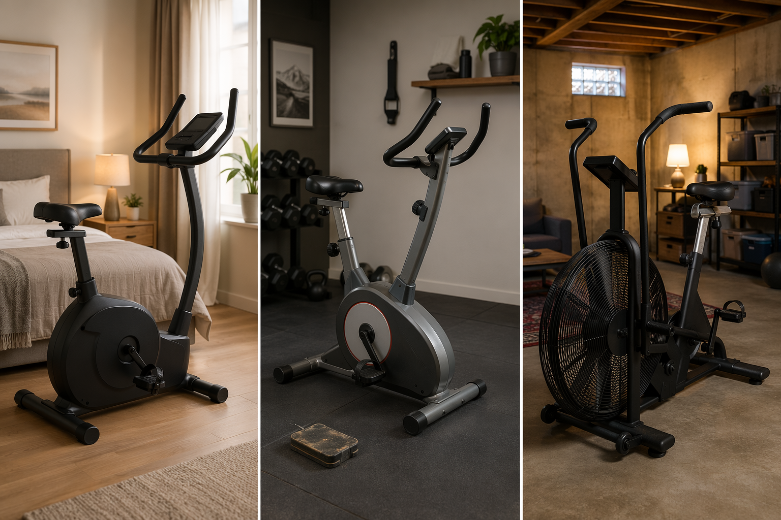 Magnetic, friction, and air resistance exercise bikes shown in different home rooms to compare noise and maintenance