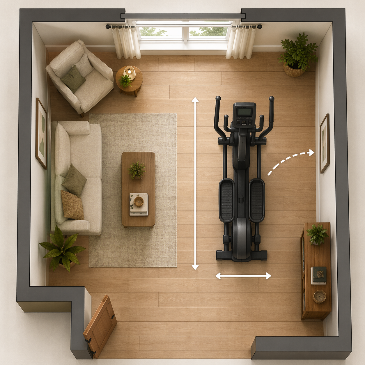 Top-down room layout showing an elliptical footprint with clearance markings