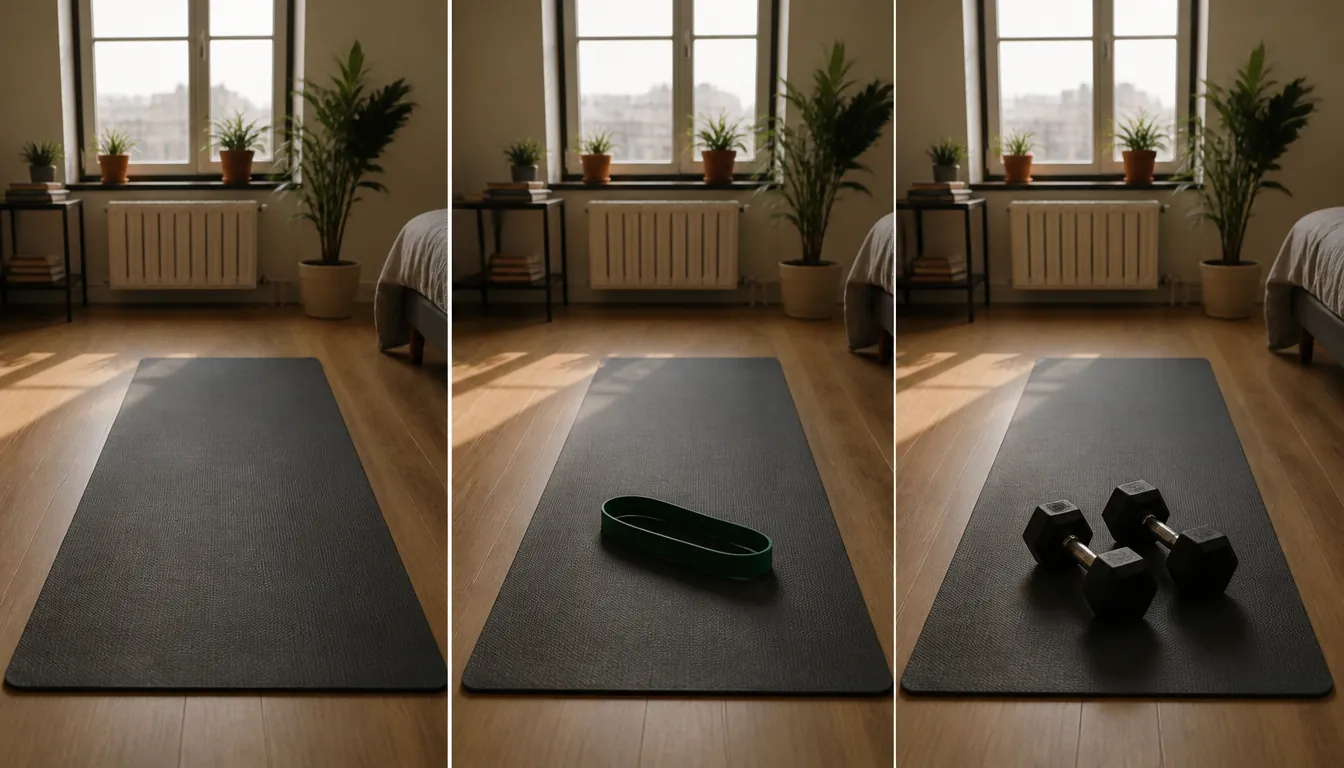 Three small-apartment home workout setups: bodyweight mat, resistance band, and dumbbells