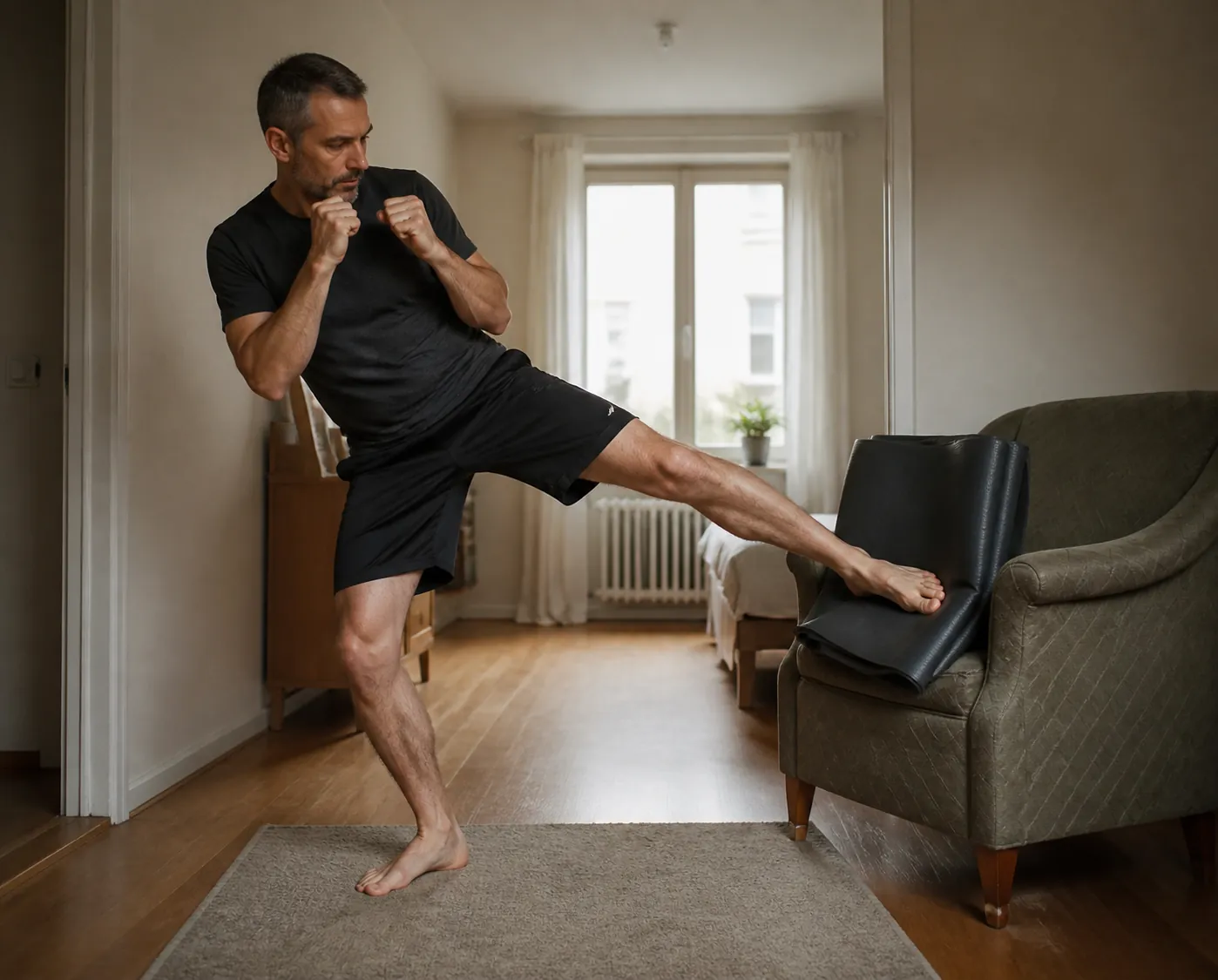 Home trainer checking a slow outside leg kick against a padded armchair used as an improvised target