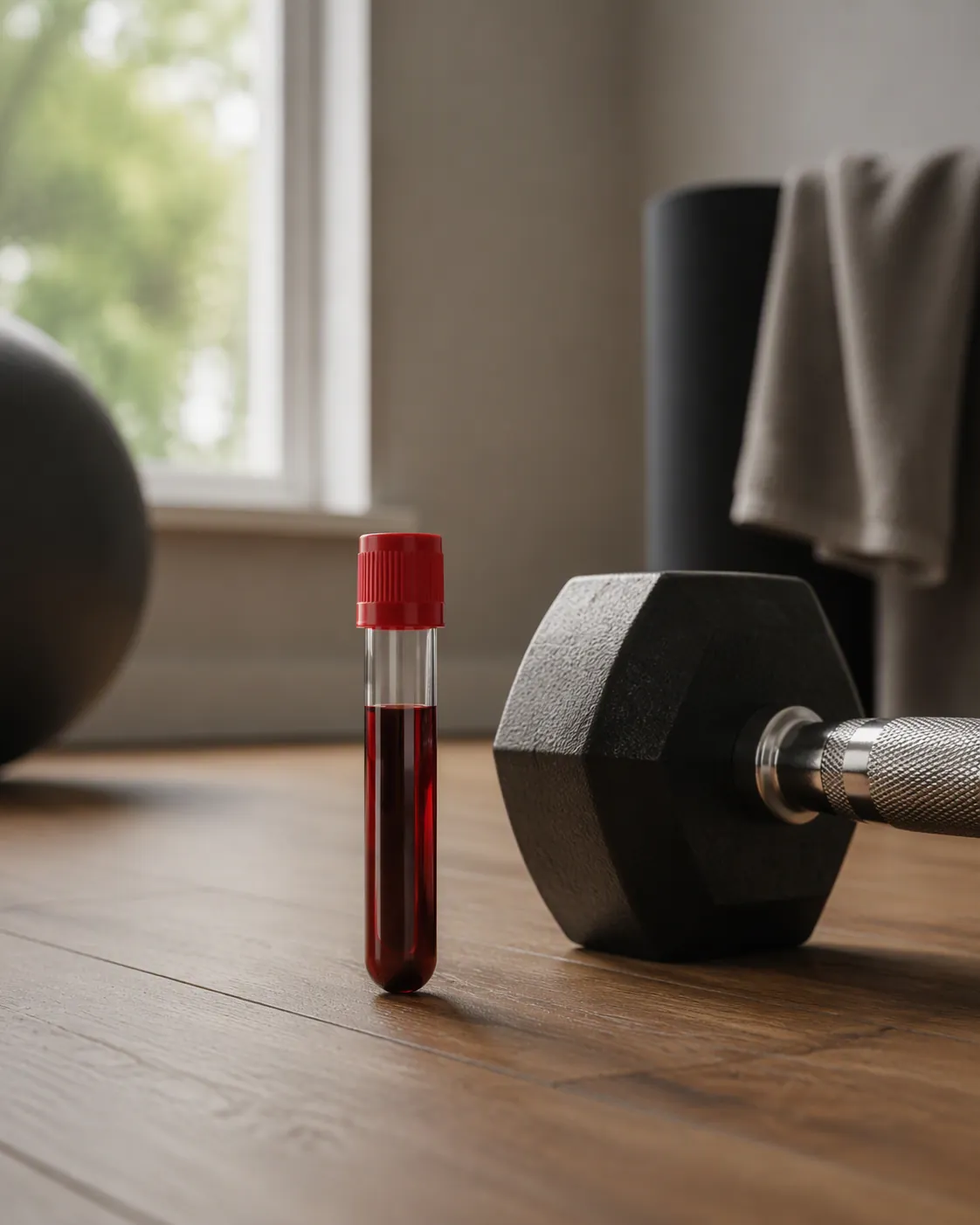 A blood collection tube beside a small dumbbell on a wooden home-gym floor